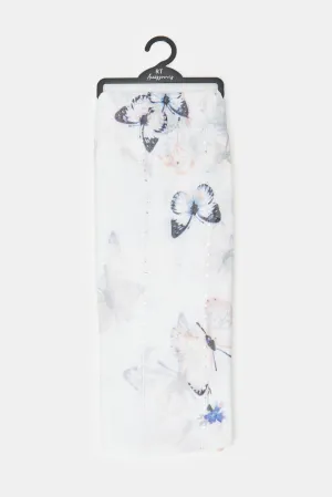 Girls White And Blue Printed Scarf