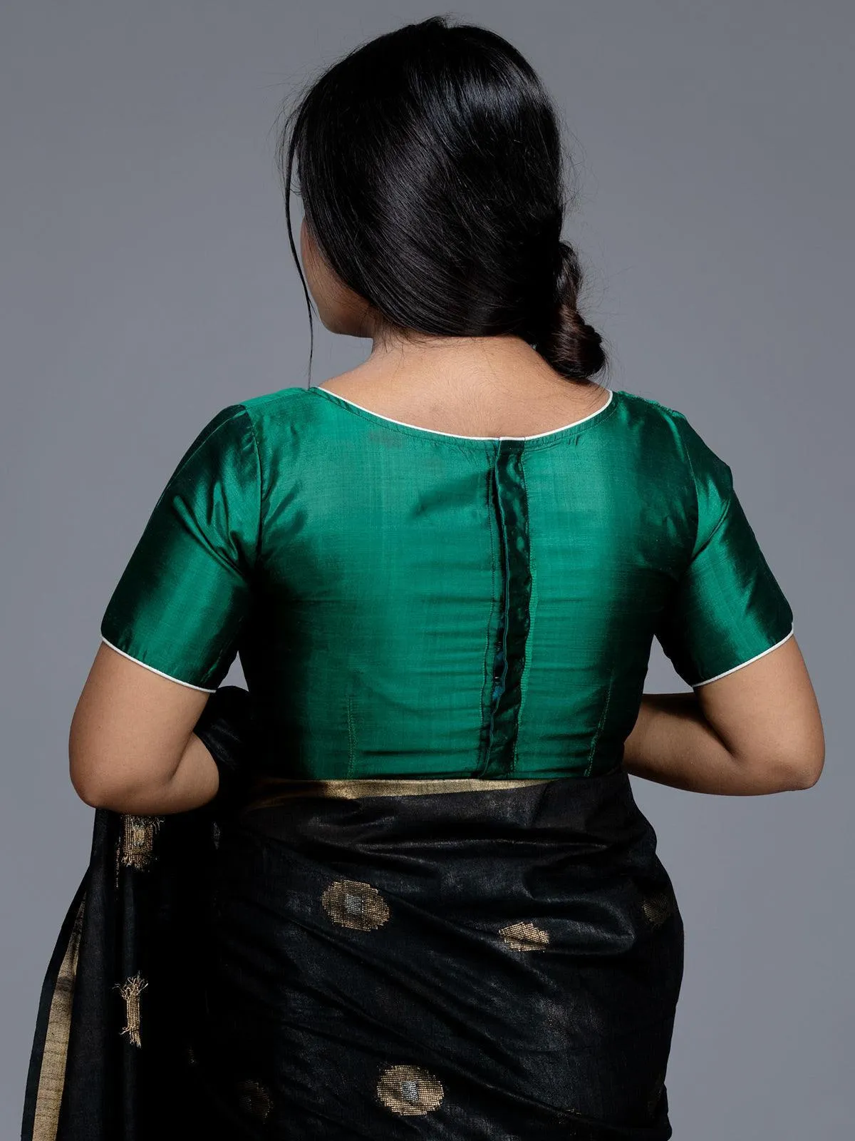 Green Boat Neck Bishnupuri Katan Silk Blouse