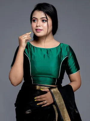 Green Boat Neck Bishnupuri Katan Silk Blouse