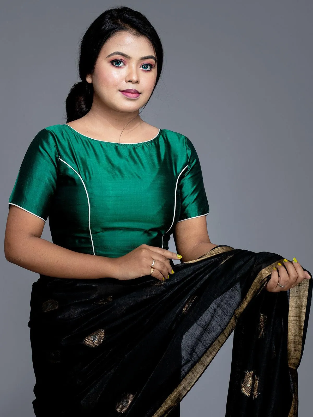 Green Boat Neck Bishnupuri Katan Silk Blouse