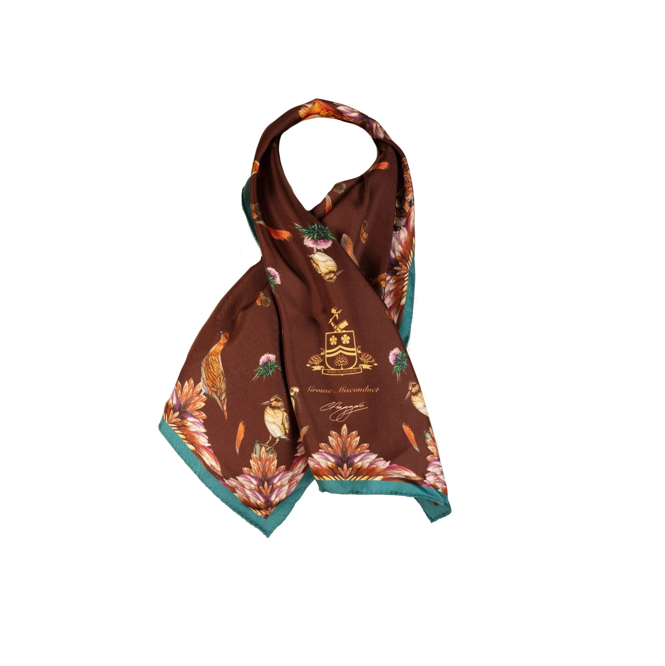 Grouse Misconduct Chocolate & Teal Narrow Silk Scarf