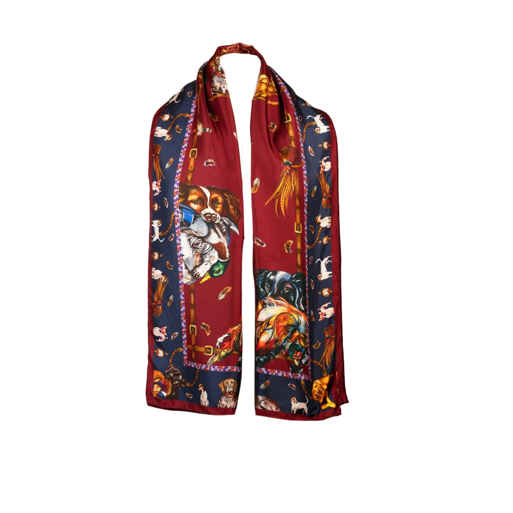 Here Come The Boys Hunting Dog Claret & Navy Classic Silk Scarf