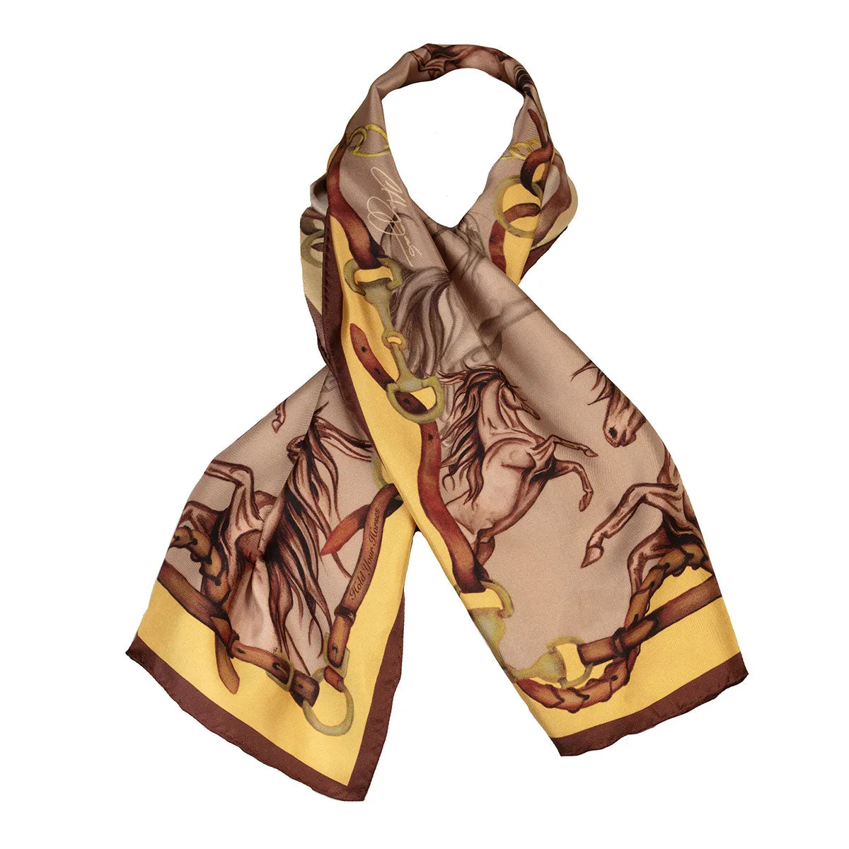 Hold Your Horses Toffee & Gold Narrow Silk Scarf