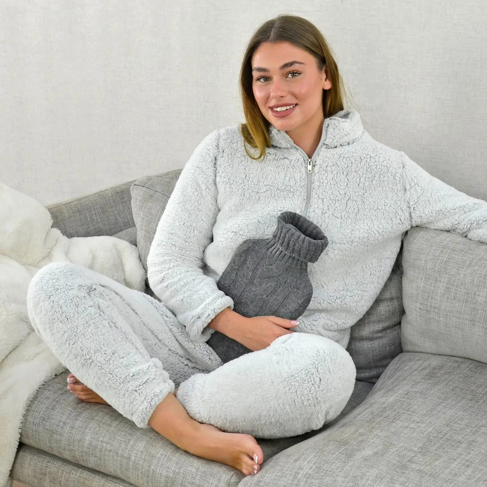 Hot Water Bottle Soft Chunky Cable Knit Cover Grey 2 Litre