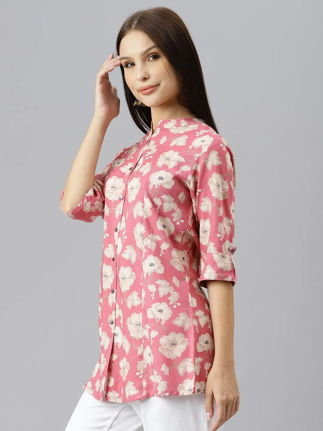 Jashvi Maroon Floral Rayon A-line Shirts Style Top