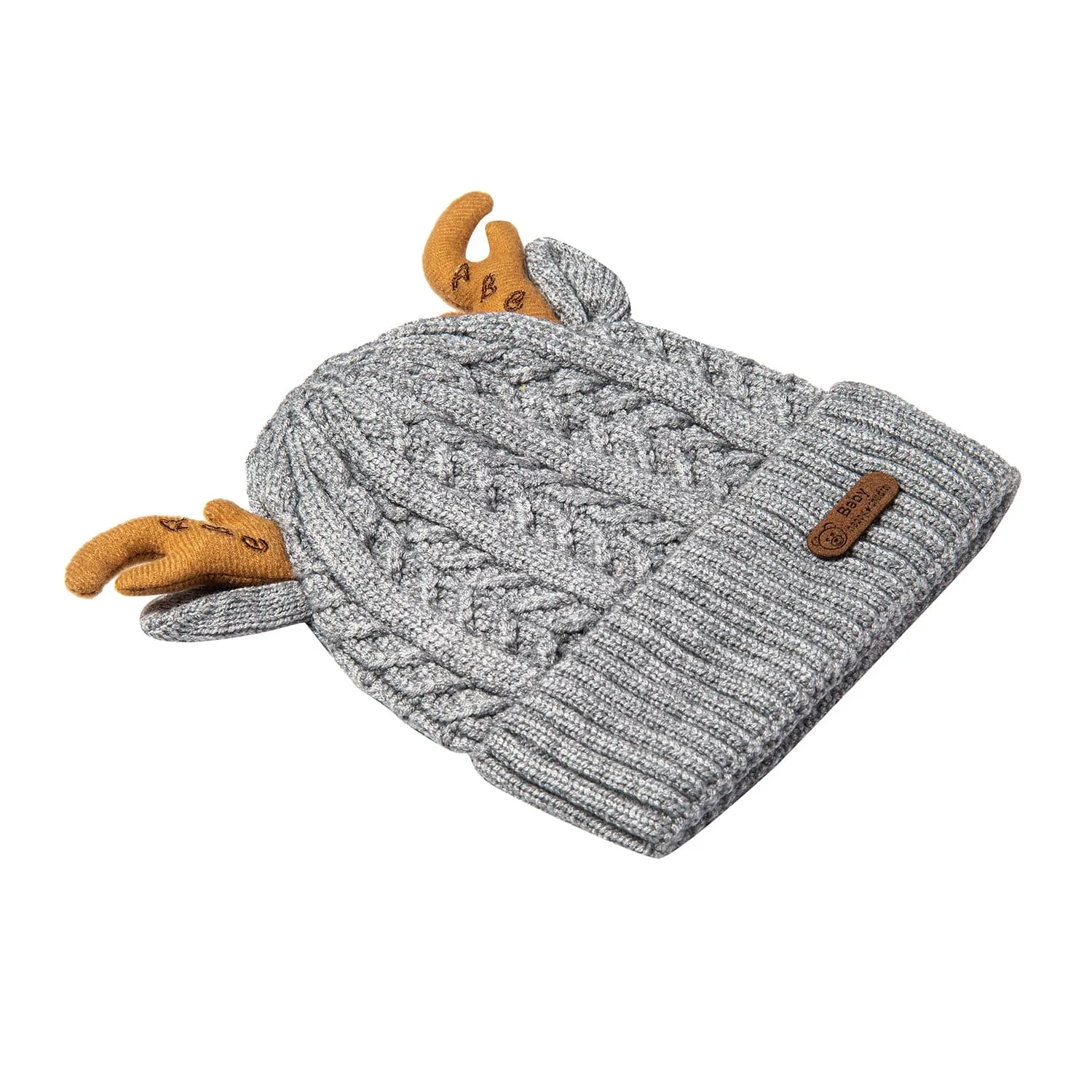 Knit Woollen Cap 3D Alphabet Antler Grey