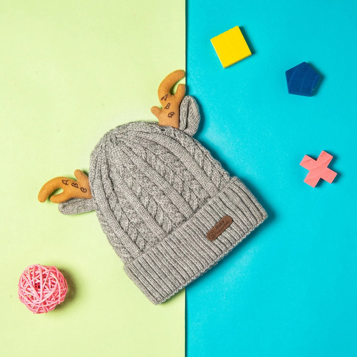 Knit Woollen Cap 3D Alphabet Antler Grey