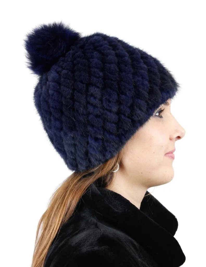 KNITTED MINK FUR SECTIONS & FOX FUR POM-POM BEANIE, HAT