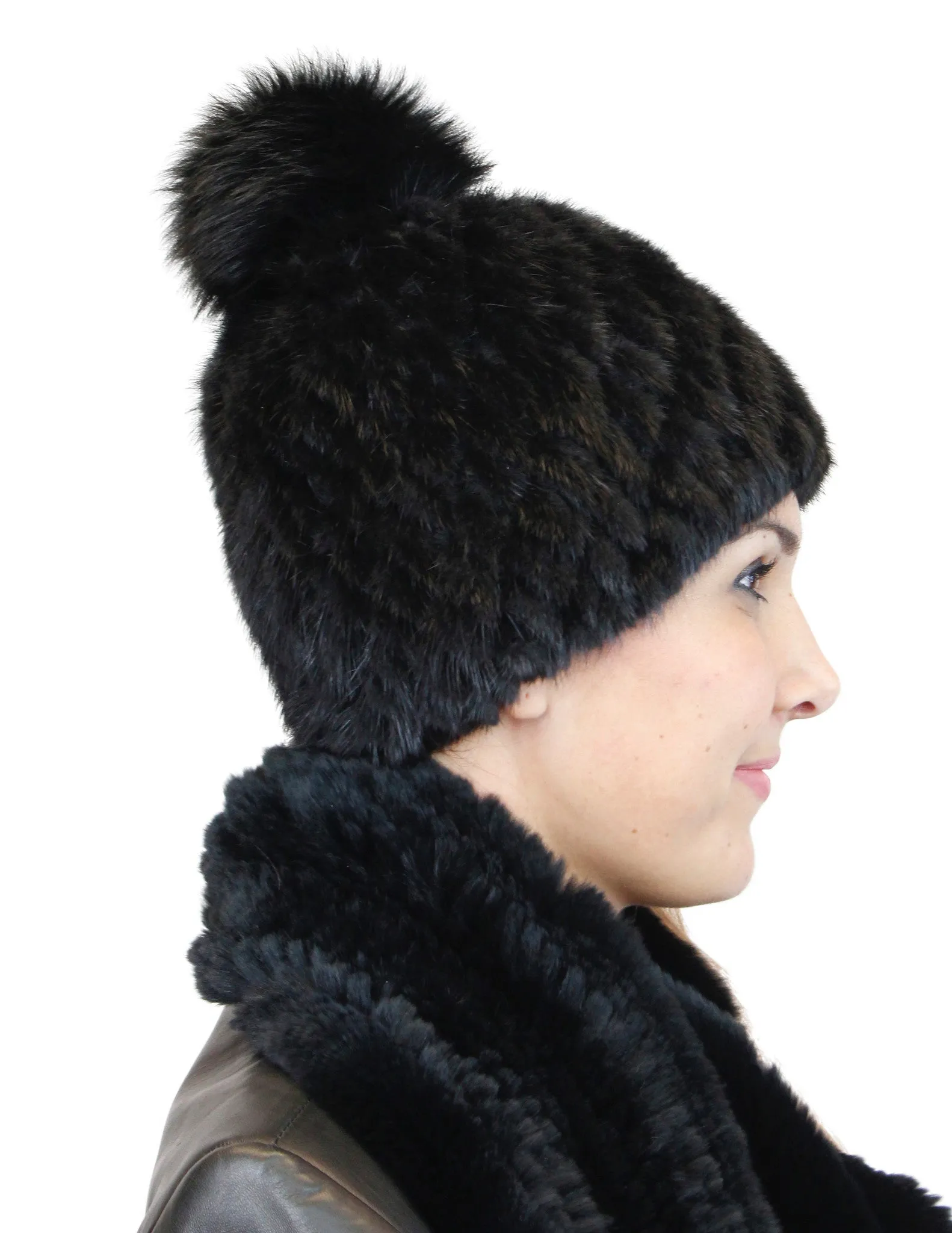 KNITTED MINK FUR SECTIONS & FOX FUR POM-POM BEANIE, HAT