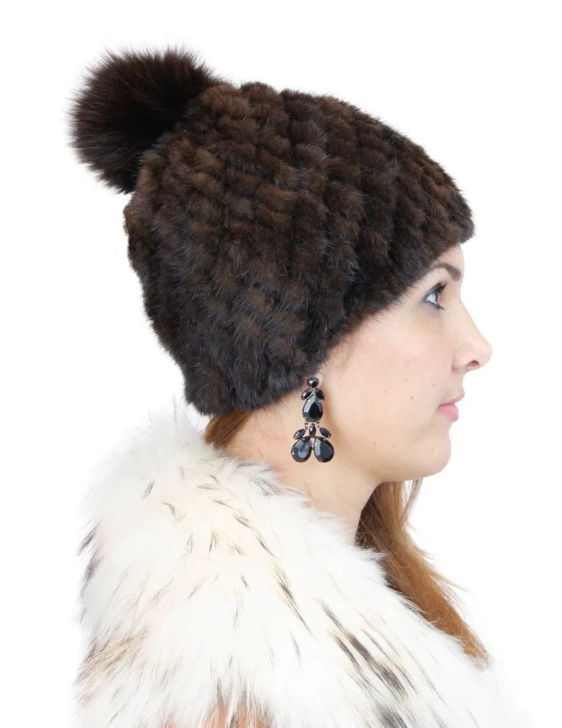 KNITTED MINK FUR SECTIONS & FOX FUR POM-POM BEANIE, HAT