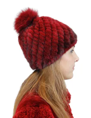 KNITTED MINK FUR SECTIONS & FOX FUR POM-POM BEANIE, HAT