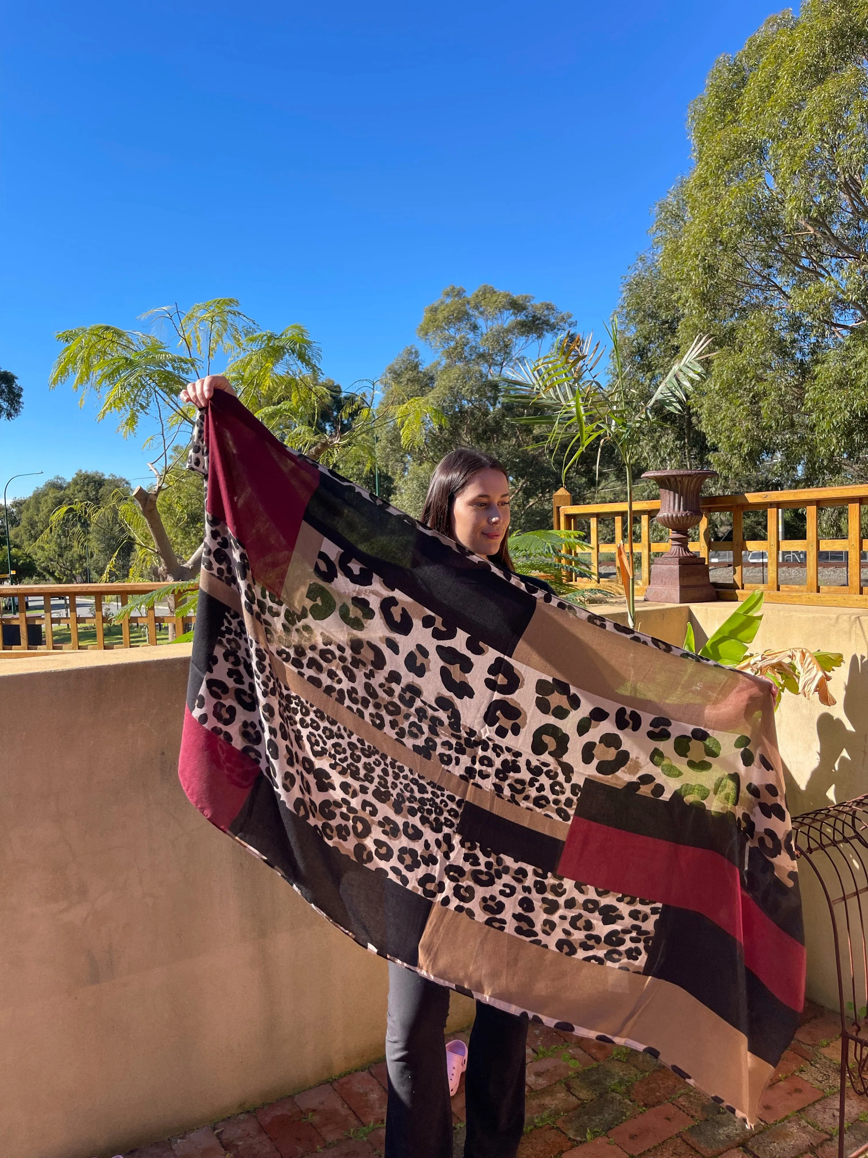 Leopard Print Scarf - Red Black Camel