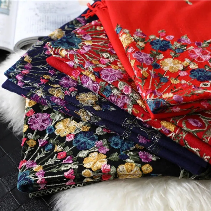 Luxe Flower Embroidery Outdoor Winter Shawl Scarfs