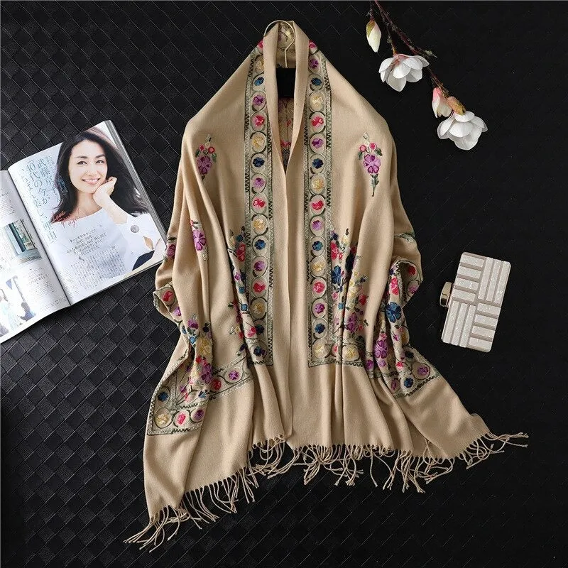 Luxe Flower Embroidery Outdoor Winter Shawl Scarfs