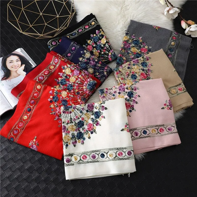 Luxe Flower Embroidery Outdoor Winter Shawl Scarfs