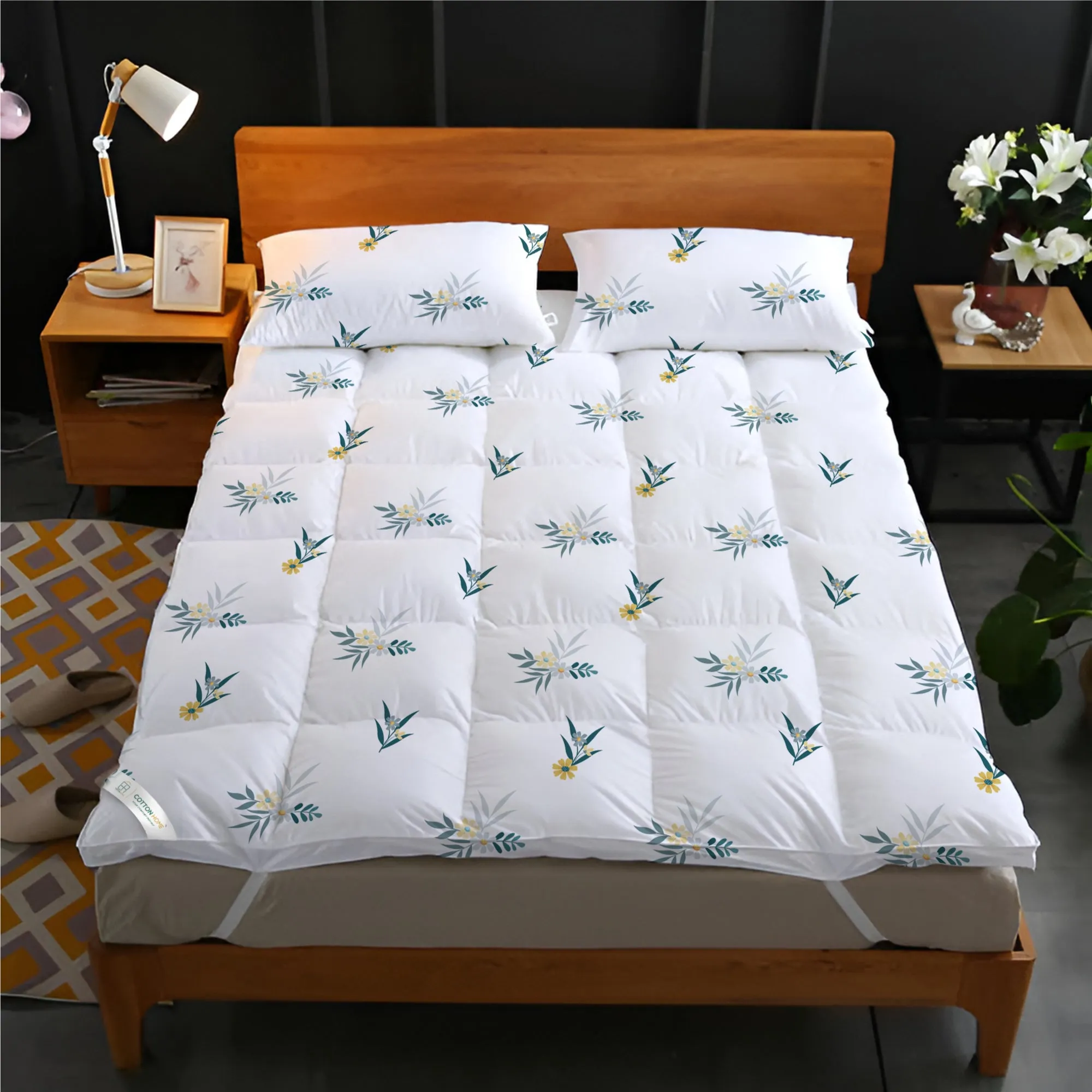 Mattress Topper with 2 Pillow Cover - Floral Design 120x200 8cm