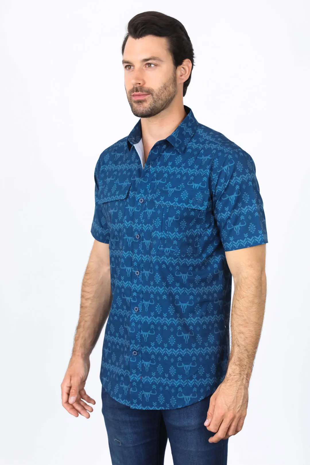 Mens Performance Classic Fit Western Navy Short Sleeve Aztec Print Shirt