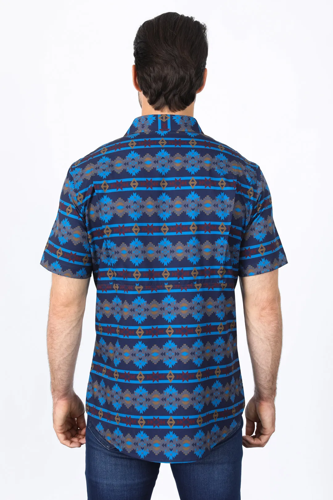 Mens Performance Classic Fit Western Short Sleeve Aztec Print Navy Shirt