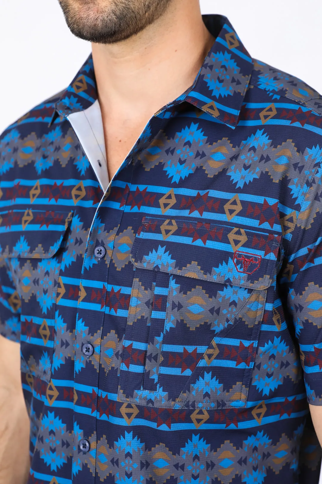 Mens Performance Classic Fit Western Short Sleeve Aztec Print Navy Shirt