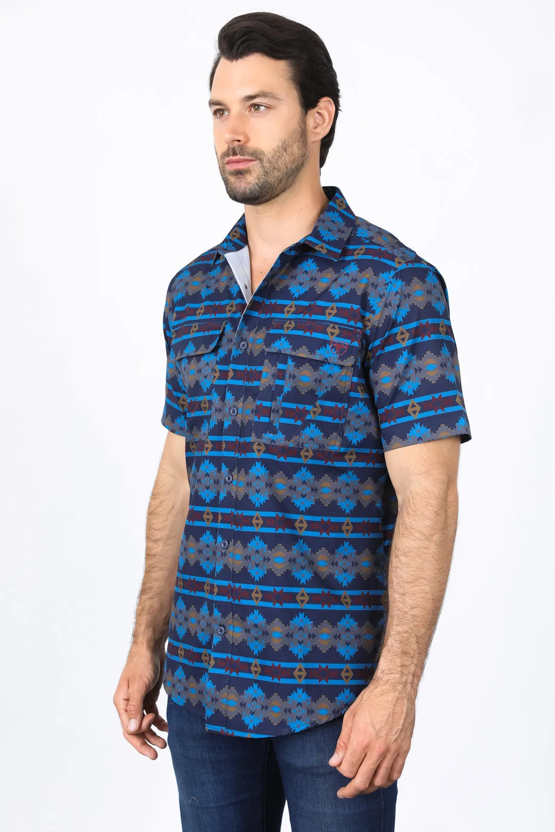 Mens Performance Classic Fit Western Short Sleeve Aztec Print Navy Shirt