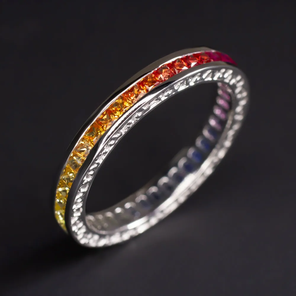 NATURAL FRENCH CUT RAINBOW SAPPHIRE ETERNITY RING WEDDING BAND ART DECO STYLE