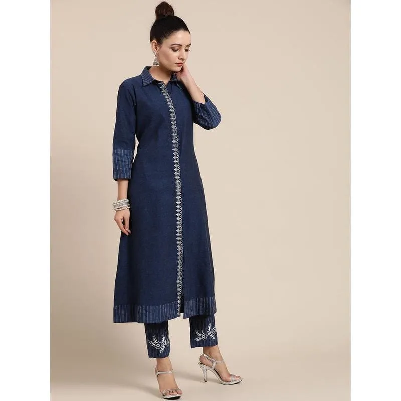 Navy Blue khadi Miami Nights Embroidered kurta Set.