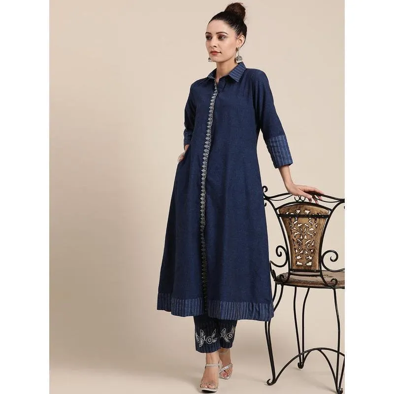 Navy Blue khadi Miami Nights Embroidered kurta Set.