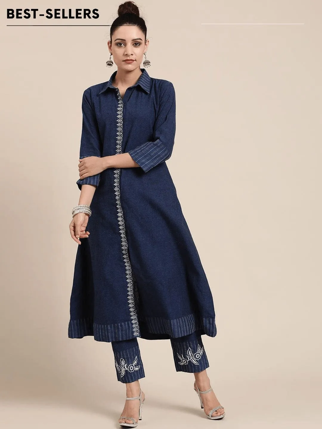 Navy Blue khadi Miami Nights Embroidered kurta Set.