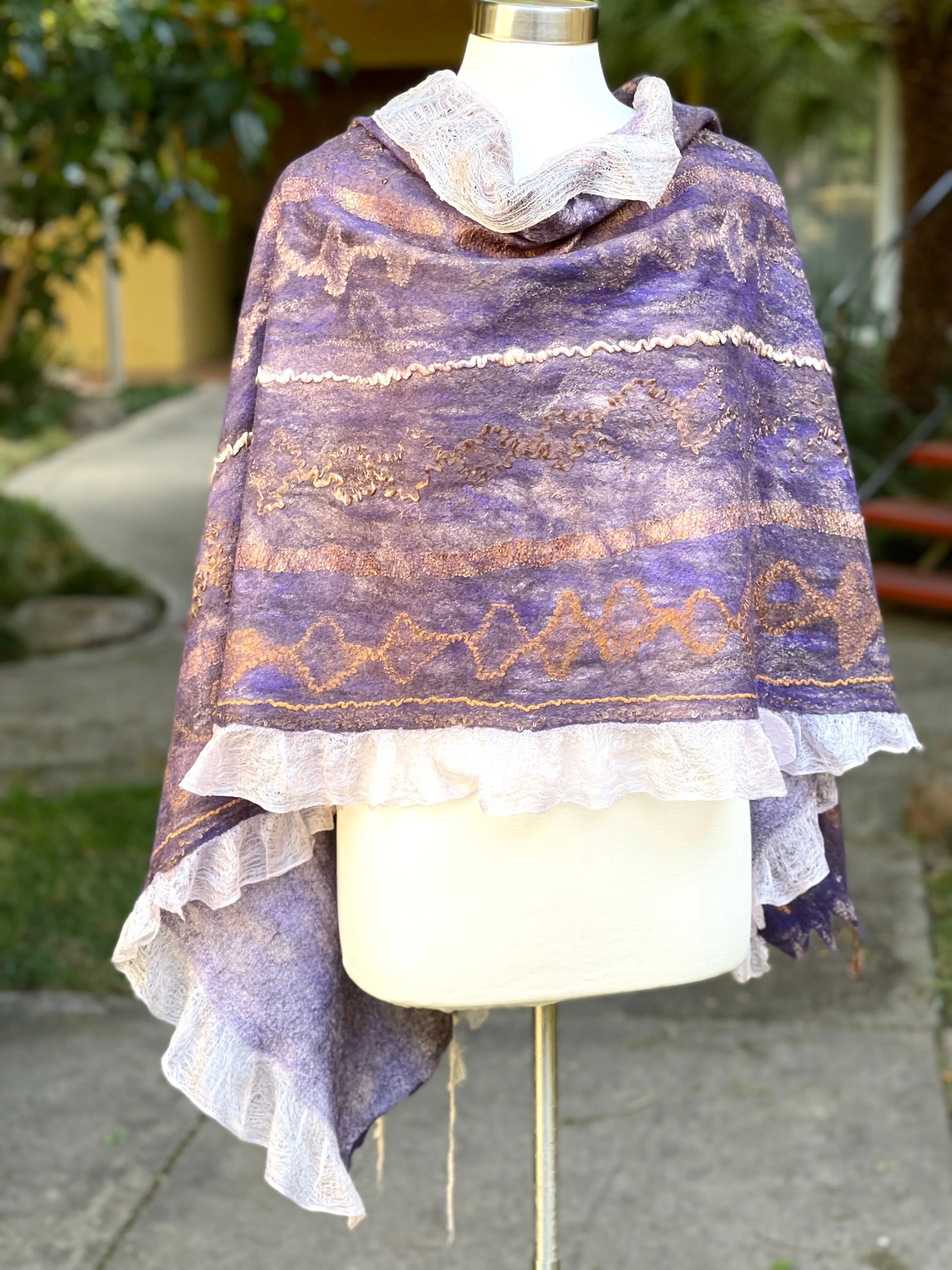 Nunofelting Silk Scarf for Women, Hand Felt Shoulder Wrap, Nuno Felted Scarf, Wedding Textured Shawl, Felt Silk Scarf, Wool Scarf