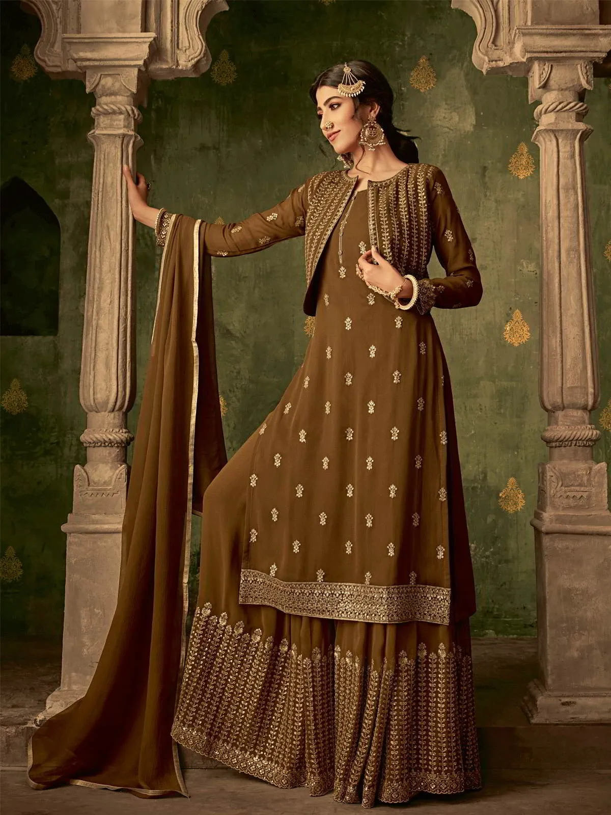 Olive Golden Embroidered Koti Style Georgette Gharara Suit