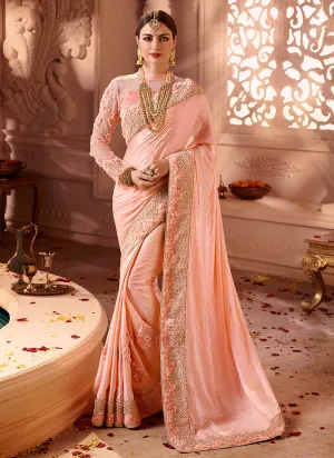 Peach Overall Chic Style Motif Embroidered  Designer Silk Saree