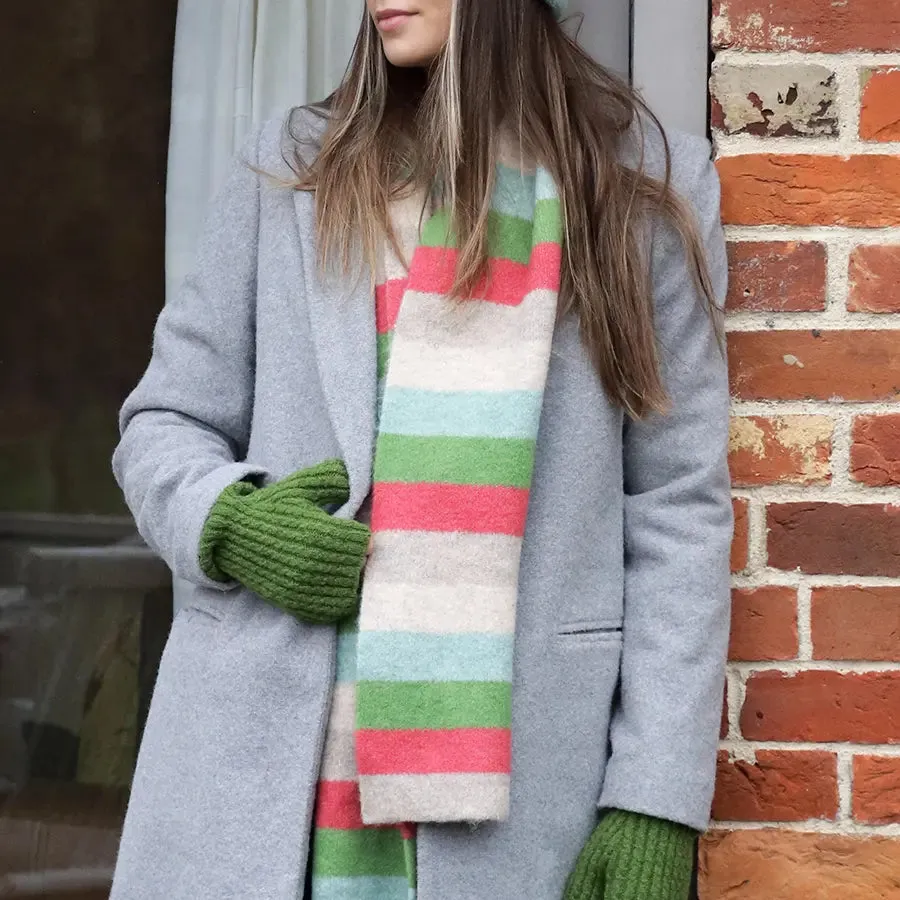 POM One Size Beige/Red/Green Striped Knit Scarf