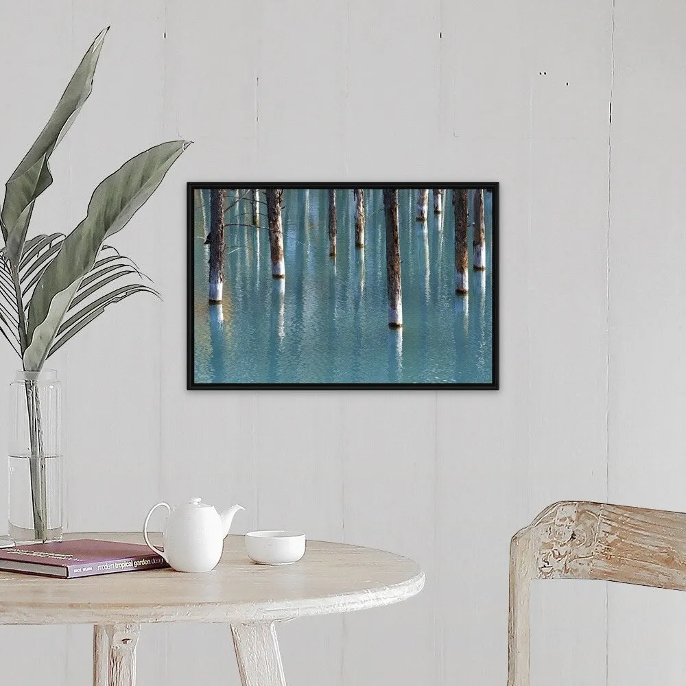 "Autumn tree in blue pond." Black Float Frame Canvas Art