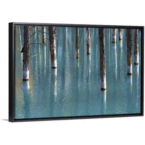 "Autumn tree in blue pond." Black Float Frame Canvas Art