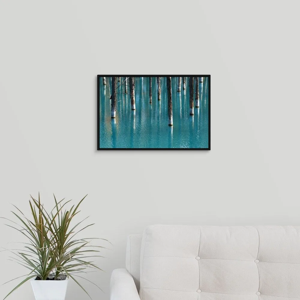 "Autumn tree in blue pond." Black Float Frame Canvas Art