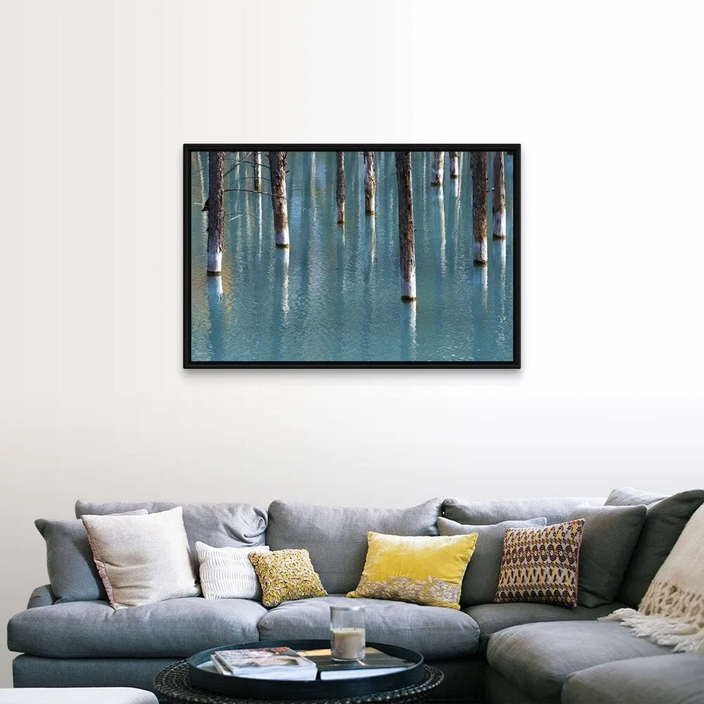 "Autumn tree in blue pond." Black Float Frame Canvas Art