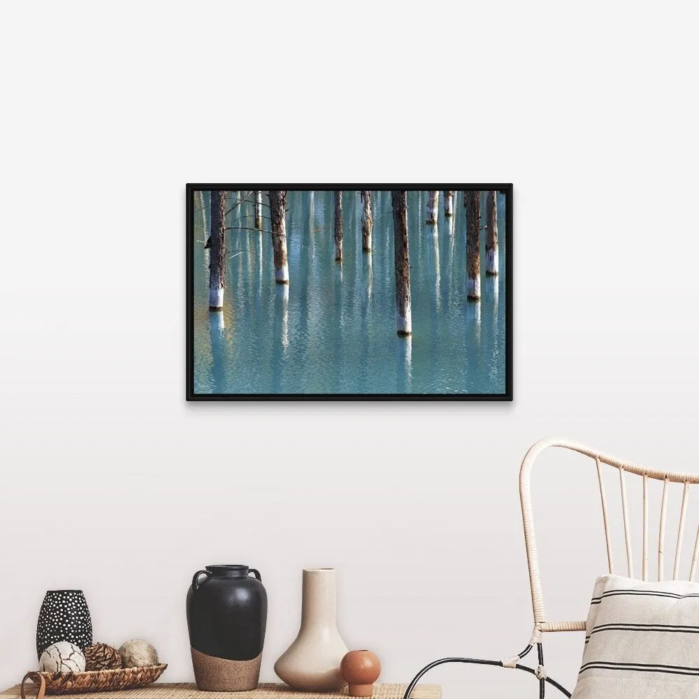 "Autumn tree in blue pond." Black Float Frame Canvas Art