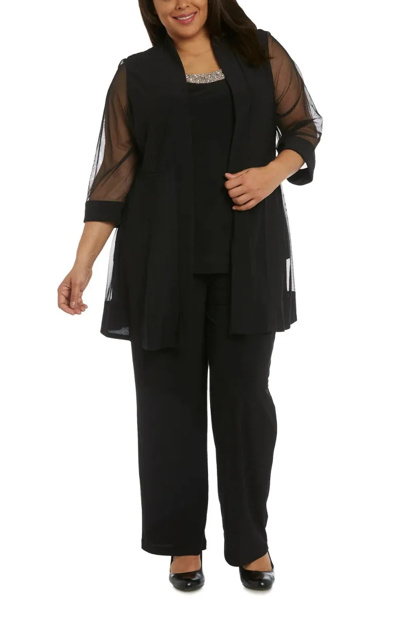 R&M Richards Three Piece Pantsuit With Sheer Sleeves and Neckline Beading (Plus Size)