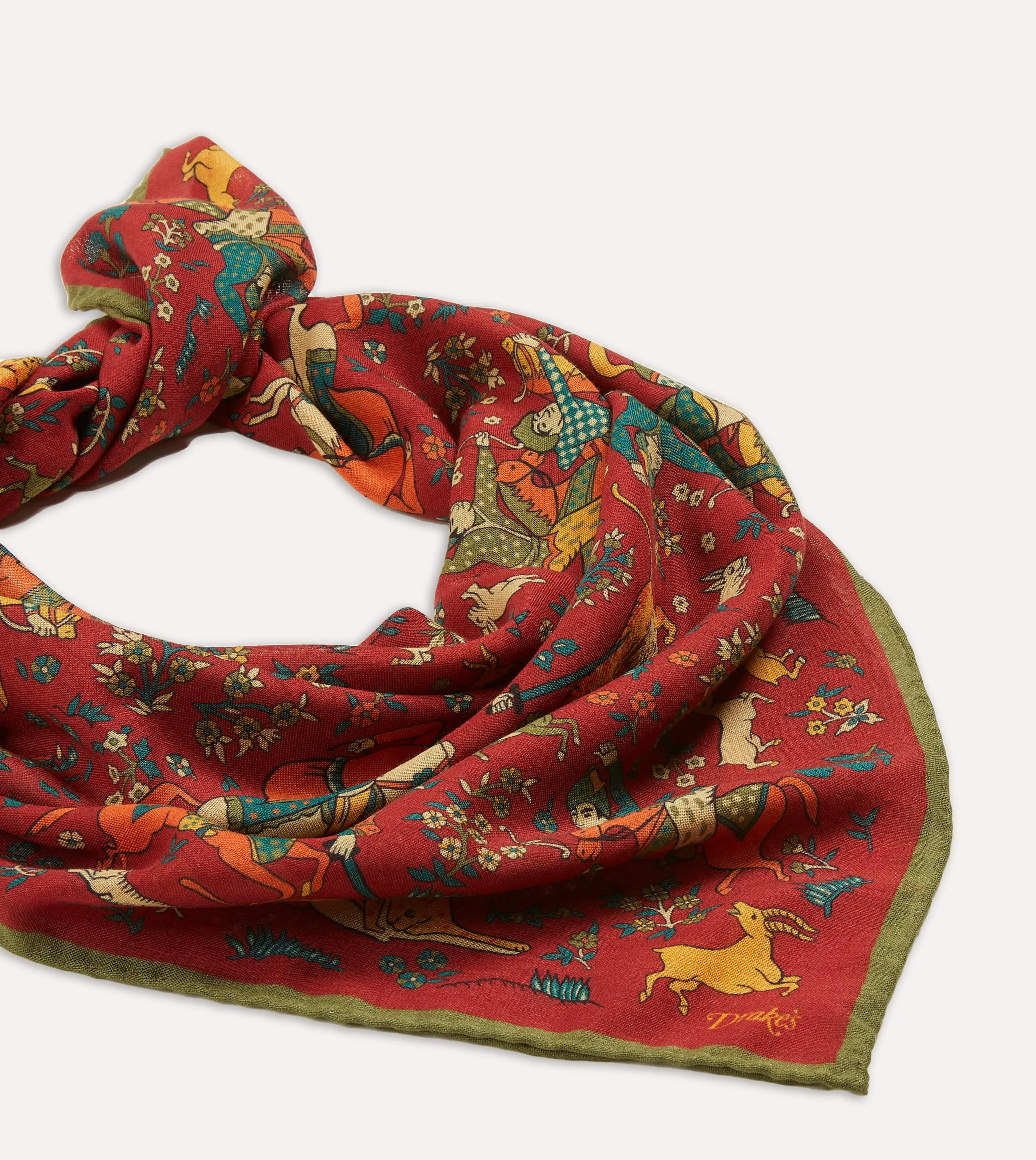 Red Mughal Print Wool-Silk Square Scarf