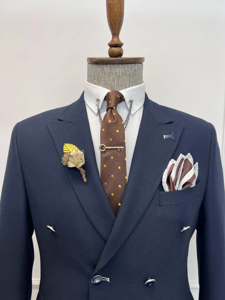 Rick Slim Fit Special Design Double Breasted Blue Detailed Suit