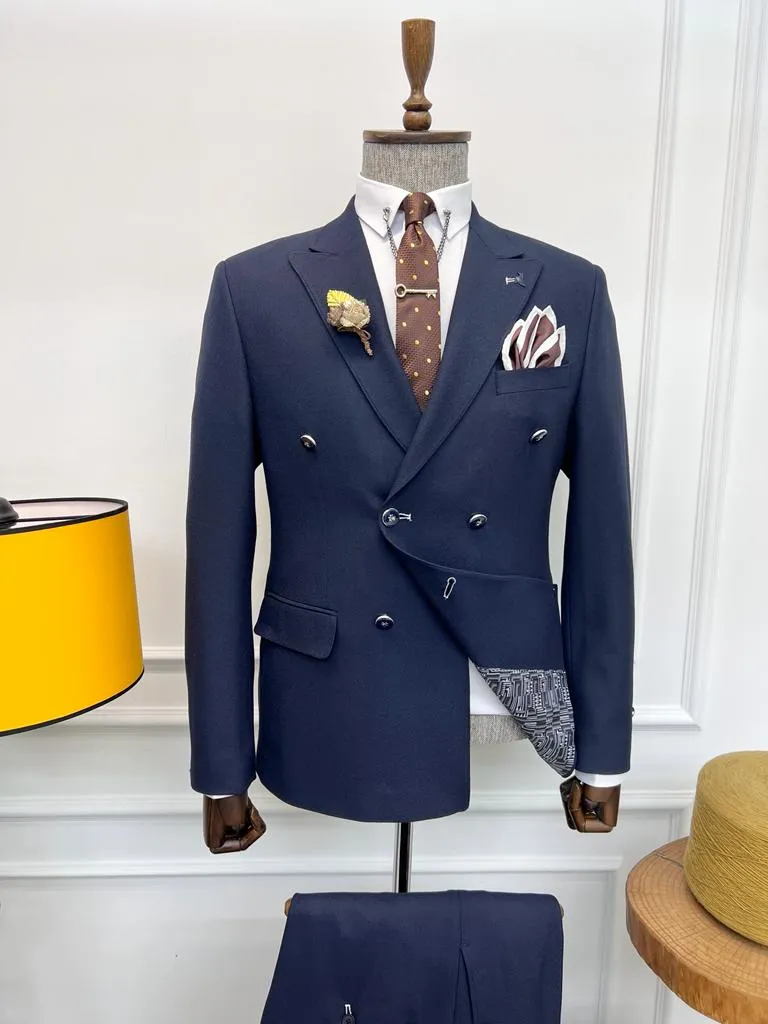 Rick Slim Fit Special Design Double Breasted Blue Detailed Suit