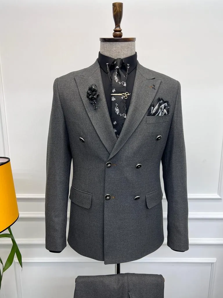 Rick Slim Fit Special Design Double Breasted Grey Detailed Suit