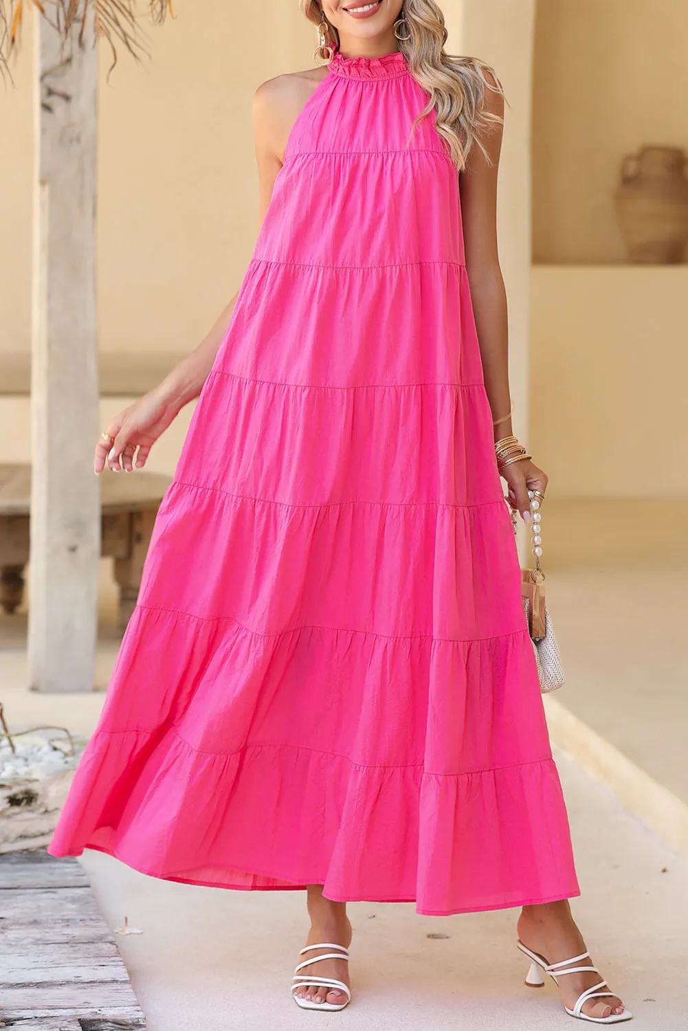 Rose Red Knotted Frill Neck Tiered Flared Maxi Dress