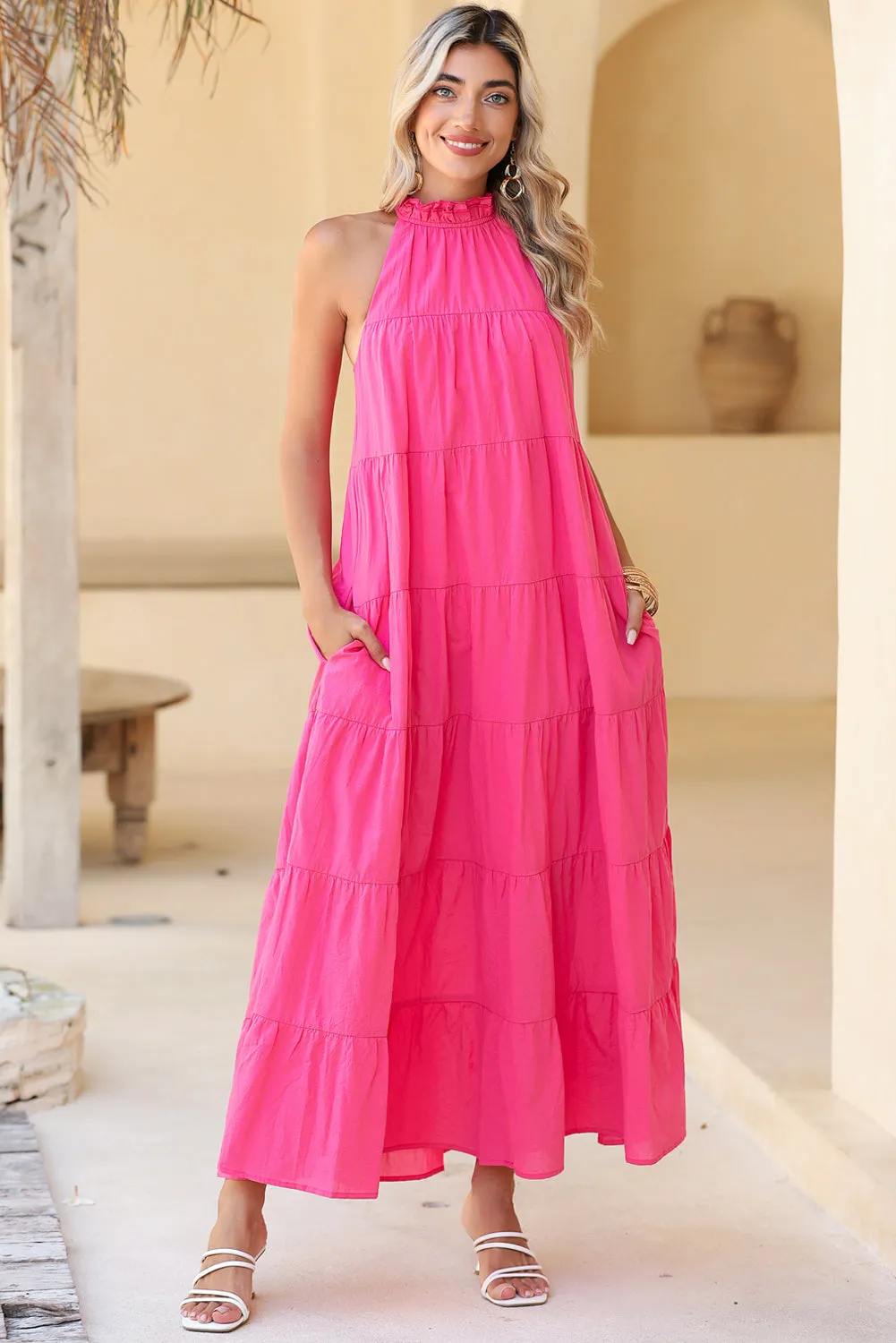 Rose Red Knotted Frill Neck Tiered Flared Maxi Dress