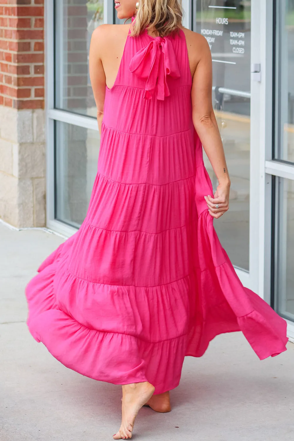 Rose Red Knotted Frill Neck Tiered Flared Maxi Dress