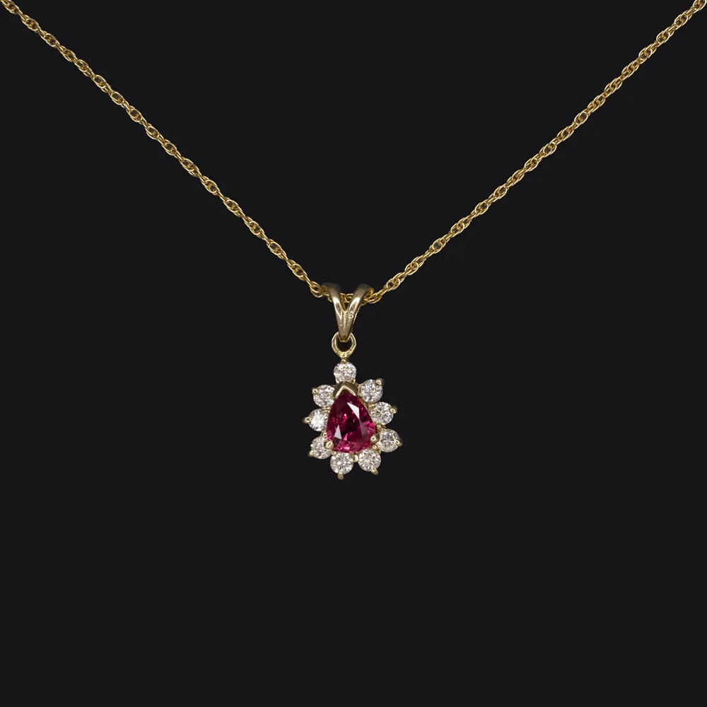 RUBY DIAMOND PENDANT NECKLACE 14k YELLOW GOLD PEAR SHAPE HALO NATURAL TEARDROP