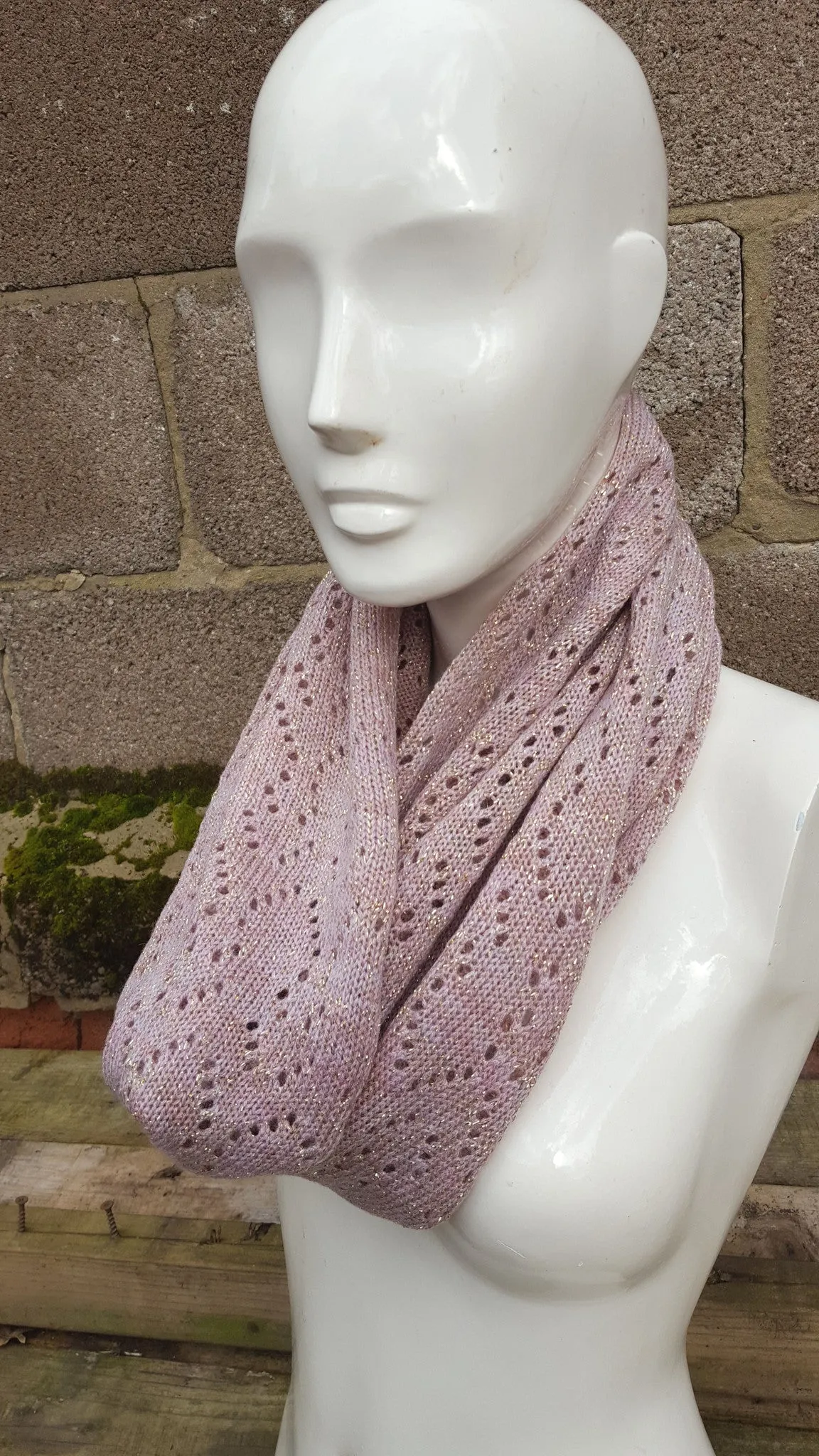 Shetland wool & Lurex lace infinty scarf, lace cowl soft pink