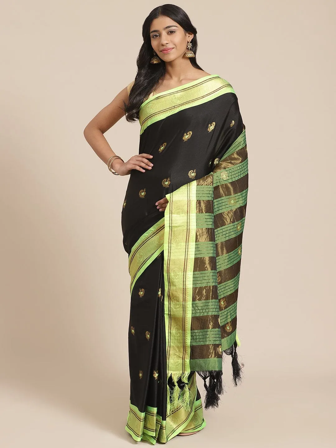 SVB Saree Black And Green  Cotton Saree