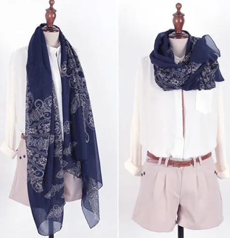 Trendy  Blue and White Porcelain Style Fashion Scarf Shawl