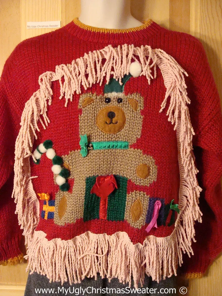 Ugly Christmas Sweater Party 80s Holy Grail of Ugly Sweater with Giant Bear and 3D Pom Poms and Dangling Fringe  (x8)